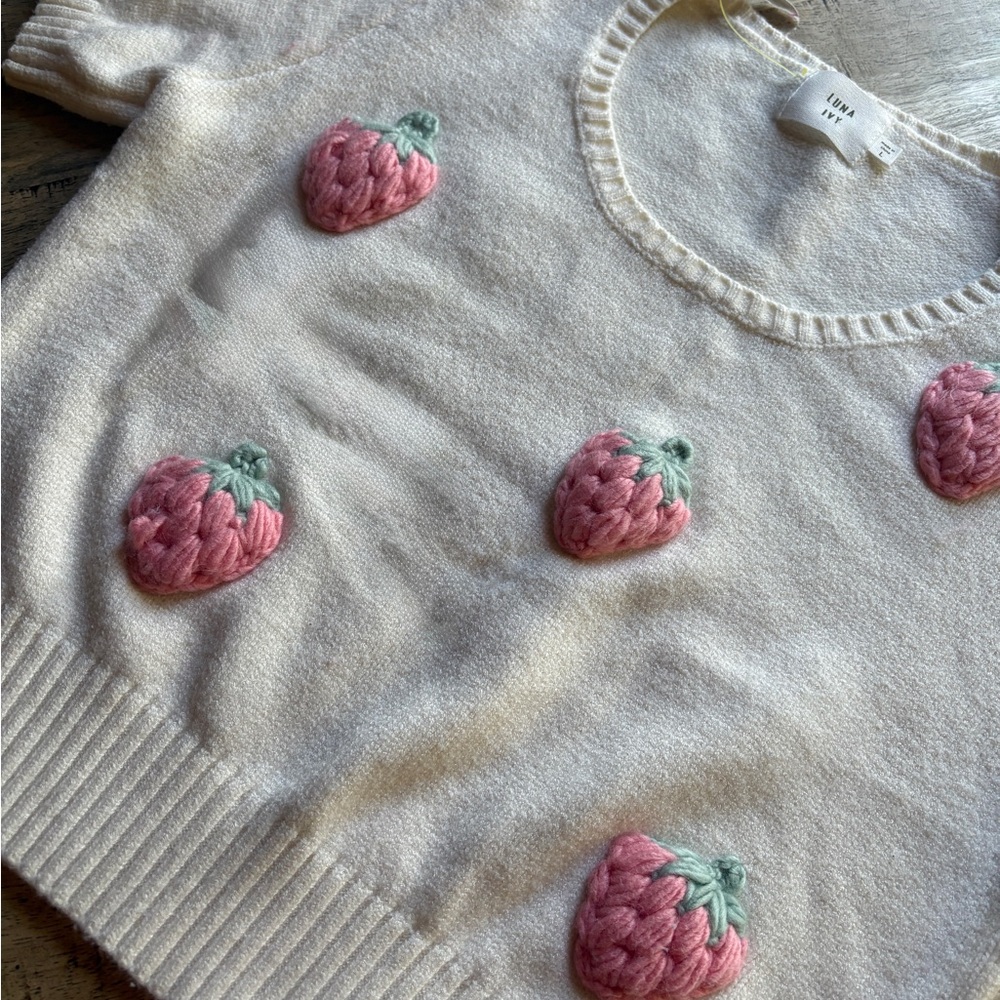 Strawberry Embroidered Cropped Short Sleeve Knit Top Cream & Pink by Luna Ivy - Picture 5 of 10